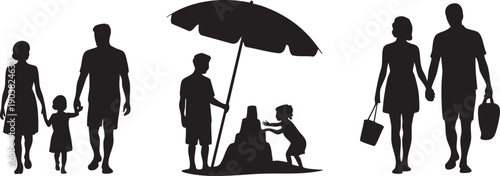 Silhouette of family on the beach vacation people walking and building sandcastle