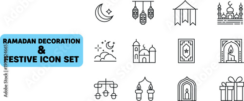 Ramadan Decoration and Festive Icon Set: a set of illustrations for Ramadan with moon, star, lantern, tent, mosque, book, arch, gift, and other symbols of the religious celebration.