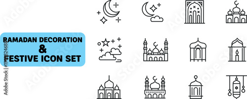 Ramadan Decoration and Festive Icon Set: a set of illustrations for Ramadan with mosque and moon theme icons. 