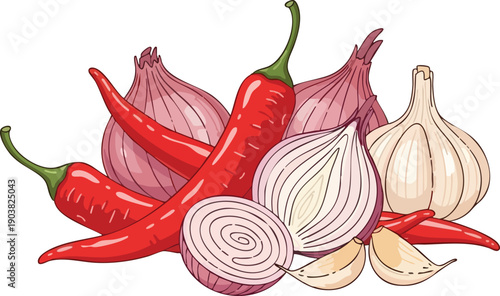 Spicy Trio Chilies, Onions, and Garlic Vegetable Still Life