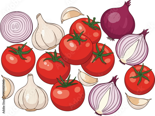 Delicious Vegetables Tomatoes, Onions, and Garlic Isolated