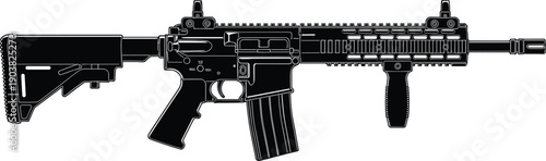 Silhouette of assault rifle icon showing collapsible stock, pistol grip, magazine, foregrip, accessory rails, and flash suppressor