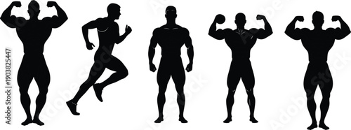 Set of 5 bodybuilding silhouette icons showing flexing poses, running motion, neutral stance, and dumbbell exercise for fitness themes