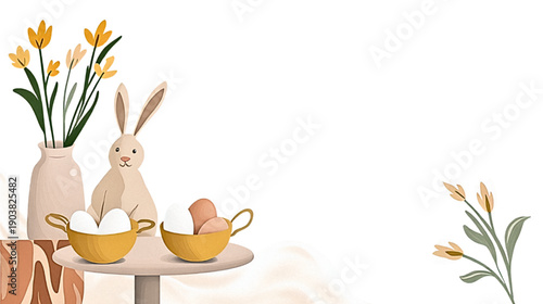  Easter still life with rabbit, eggs and spring flowers — illustration from copy space