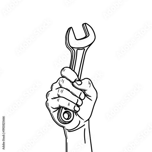 Hand Holding Wrench on Isolated Background