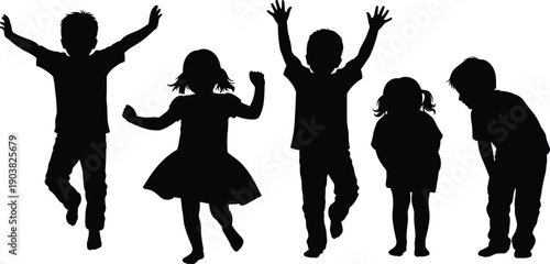 Set of 5 children silhouette icons showing playful poses including jumping, dancing, excitement, observation, and joyful body language
