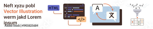 Software development, language translation, data processing, web creation, localization, programming workflow. Visual of code, language symbols and data funneling. Software development language