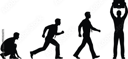 Set of 4 progression silhouette icons showing crouching start, running, walking, and triumphant success pose with raised briefcase