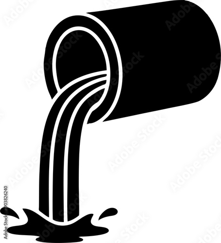 Pipe Pouring Liquid Silhouette Icon, Wastewater Drain Flow with Splash, Minimal Black Vector