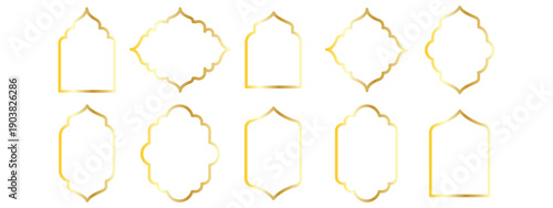 Set of golden gradient Islamic, arab line arch, frame vector icons. Gold Vector window, door icons collection. Domes of the mosque of Ramadan Kareem and Eid Mubarak. Oriental style. Copy space
