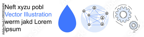 Water management, digital networking, technological innovation, sustainability steps, data sharing, machinery operation. Blue water droplet, network diagram and gear mechanism. Water management