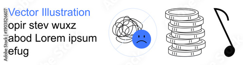 Mental health, financial stress, emotional well-being, creativity, music therapy, abstract symbolism. A sad face, stack of coins and a music note. Mental health and financial stress concept