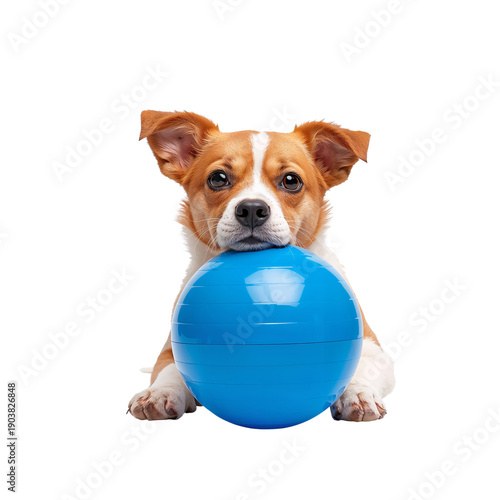 Playful Dog Rests Head on Blue Ball While Waiting for Fun Activity