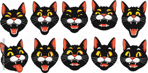 Collection of cartoonish black cat faces with various expressions