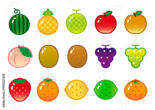 かわいいフルーツアイコンセット　ジューシーでカラフルな果物のイラスト素材