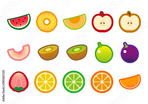 かわいいフルーツアイコンセット　ジューシーなカット果物のイラスト素材