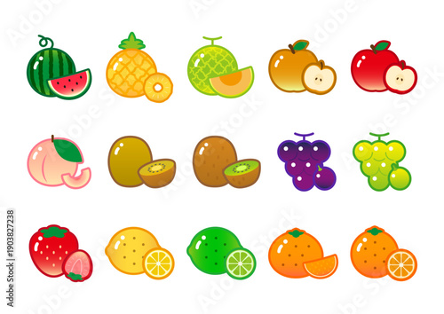 かわいいフルーツアイコンセット　ジューシーでフレッシュな果物のイラスト素材