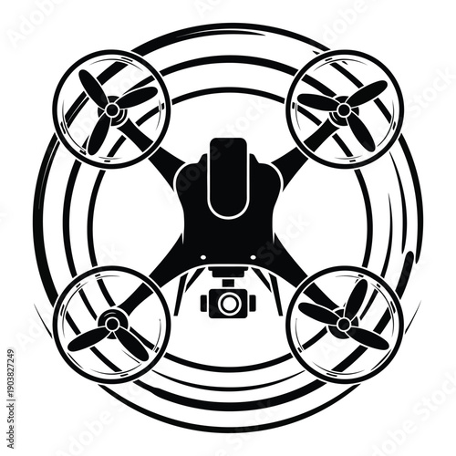 Black and white drone with human silhouette and camera symbol quadcopter monochrome d