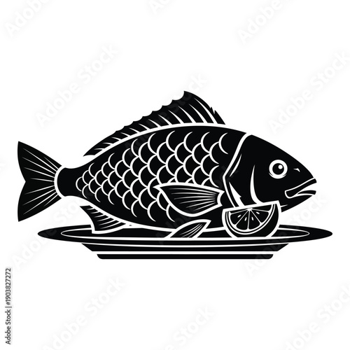 Black and white fish on plate with lemon slice monochrome