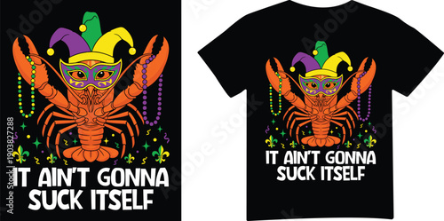 Lobster in mardi gras costume and text