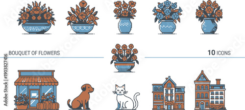 A collection of cartoon style illustrations of plants and buildings with a dog