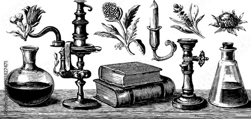 Vintage botanical and fireplace tools set with 19th century engravings for retro design