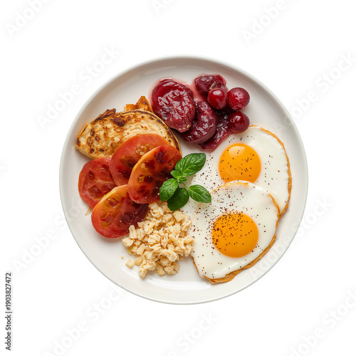 Breakfast With Eggs, Toast, Tomatoes, and Jam Served on a White Plate in a Ki...