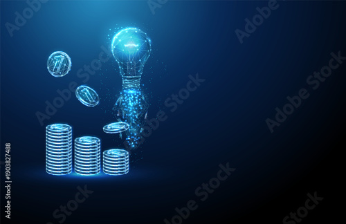 3d stacks of coins with falling coins and rising light bulb. Financial growth, profitable ideas, innovation in business, startup success, fintech, business strategy concept.