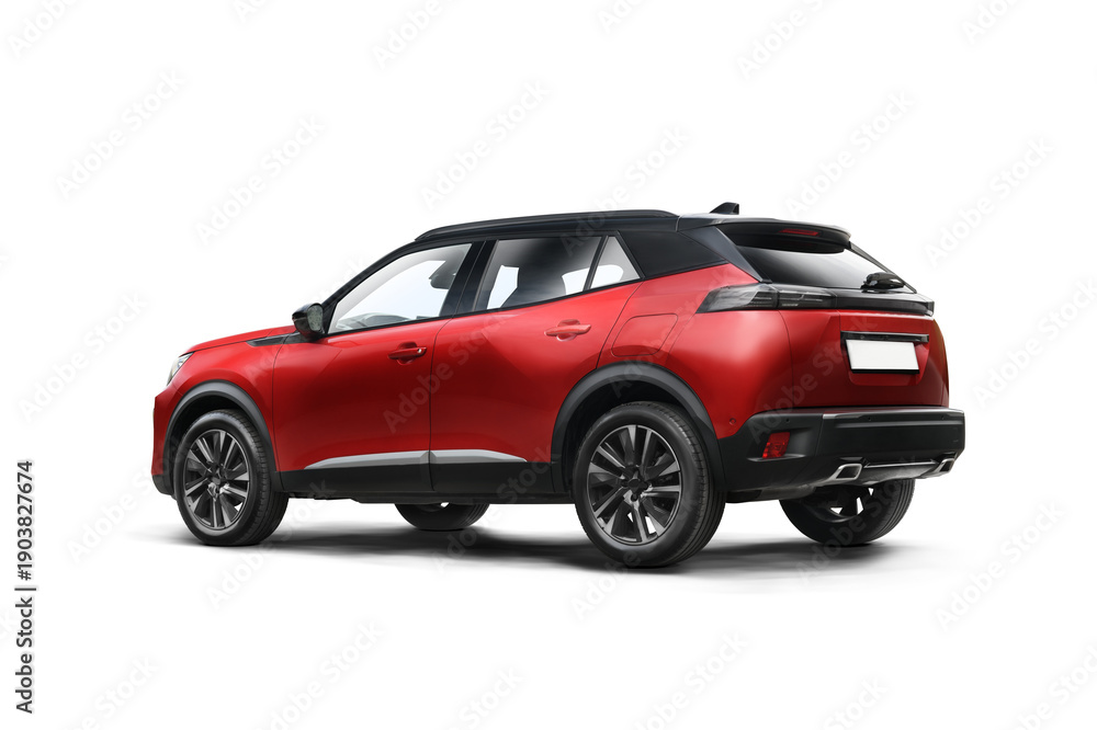 Fototapeta premium Isolated studio photo of a red modern SUV from a slight rear left side angle on a white background.