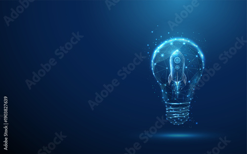 3d rocket inside light bulb. Startup launch, business growth, innovation acceleration, AI-powered solutions, technology boost, transformation, breakthrough concept.