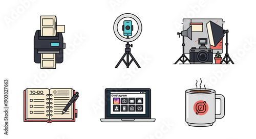 Office equipment and photography setup with printer scanner laptop and camera on white background