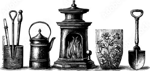 Vintage fireplace tools and botanical sketching for retro decor design