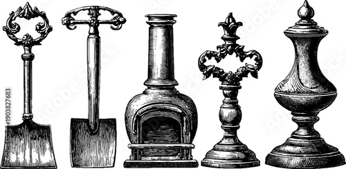 Vintage fireplace tools set with botanical engravings - 19th century design for home decor