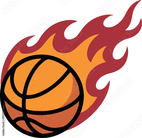 Flying flaming basketball with orange fire trails
