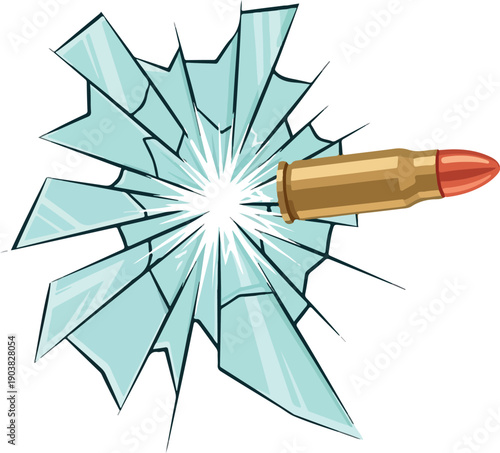 Bullet Impact Shattered Glass and High-Speed Projectile Graphic Illustration