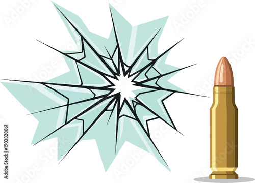 Bullet impact on glass with cartridge illustration, depicting shattered glass and ammunition