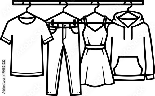 Clothing Rack with Apparel Icon, Fashion Retail and Wardrobe Organization Illustration, T-Shirt Hoodie and Dress on Hangers Line Art
