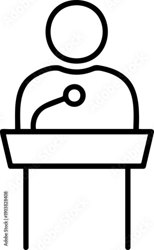 Public Speaker at Podium with Microphone Icon, Presentation and Leadership Concept Illustration, Speech and Politics Line Art Silhouette