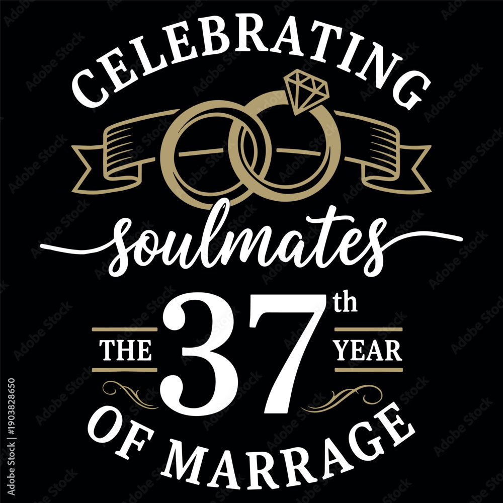 Obraz premium Celebrating Soulmates 37th Year of Marriage Typography with Interlocking Rings