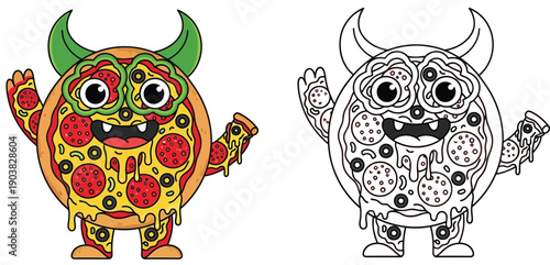 Isolated on a white backdrop is a cute pizza monster cartoon figure vector image featuring humorous devil horns melting cheese and pepperoni