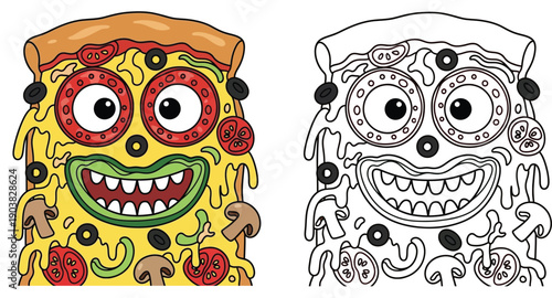 This humorous pizza monster face cartoon vector image features a melting cheese pepperoni and vegetables as well as an adorable food character with a colorful outline
