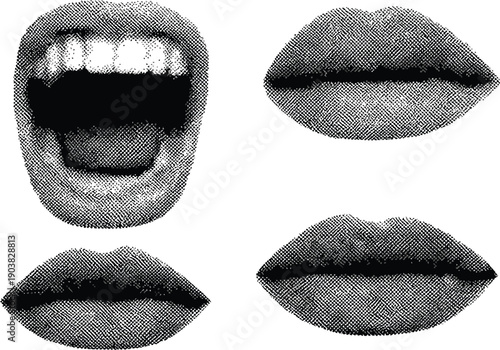Collection of halftone dots mouth and lips expressions in black and white set vector illustration