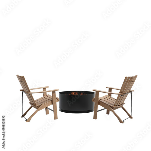 Two Wood Chairs Facing a Black Fire Pit in an Outdoor Setting During Evening ...