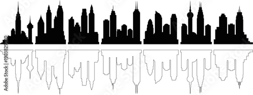 City skyline silhouettes with reflections urban architecture