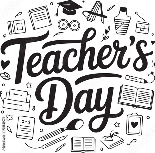 Teacher's day text surrounded by school supplies and educational objects on transparent background