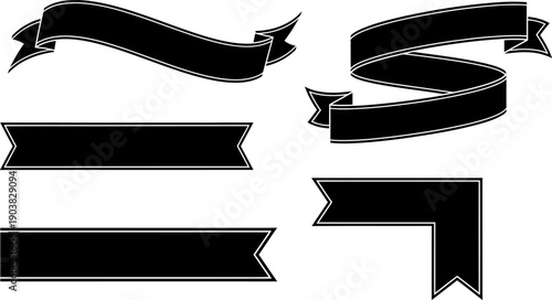 Black ribbon banners with white outlines on white background