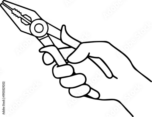 Hand Holding Combination Pliers Tool Line Art Illustration for Electrical and Mechanical Repair Services