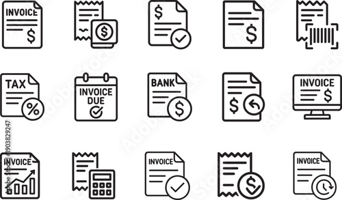   Invoice web icons set in line style featuring bill, check, approve, tax, barcode, finance, bank, accounting.