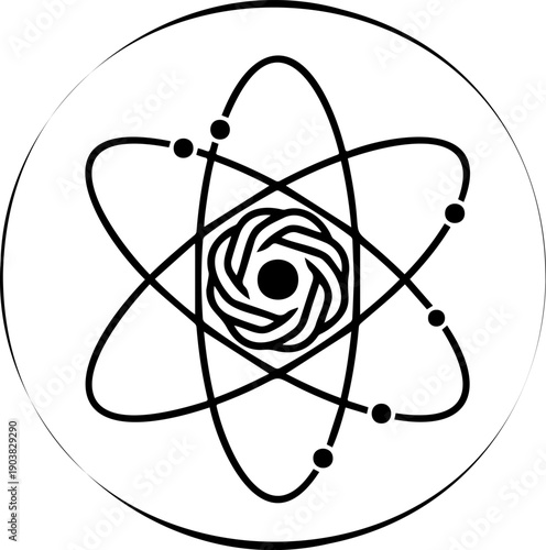 Atomic Structure Model Line Art Illustration with Electrons and Nucleus for Science and Technology