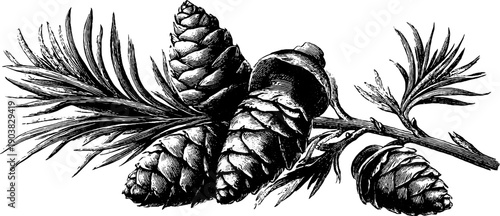 Vintage botanical engraving of fir branch with cones - 19th century nature sketch